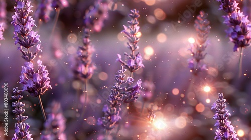   A close-up of a group of purple flowers with the background illuminated by soft light