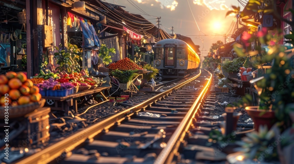 Colorful D Rendered Sunlight Illuminating the Lively Maeklong Railway Market in Thailand