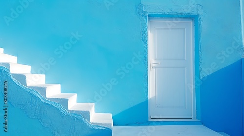 white stairs with white door in blue background © James