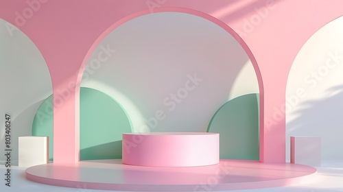 white wall pink green blank podium abstract geometric shape
