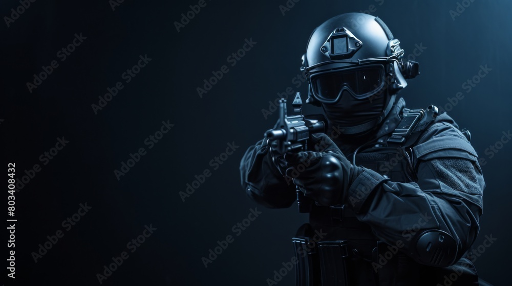 Officer from the police special reaction team aims their weapon with unwavering focus