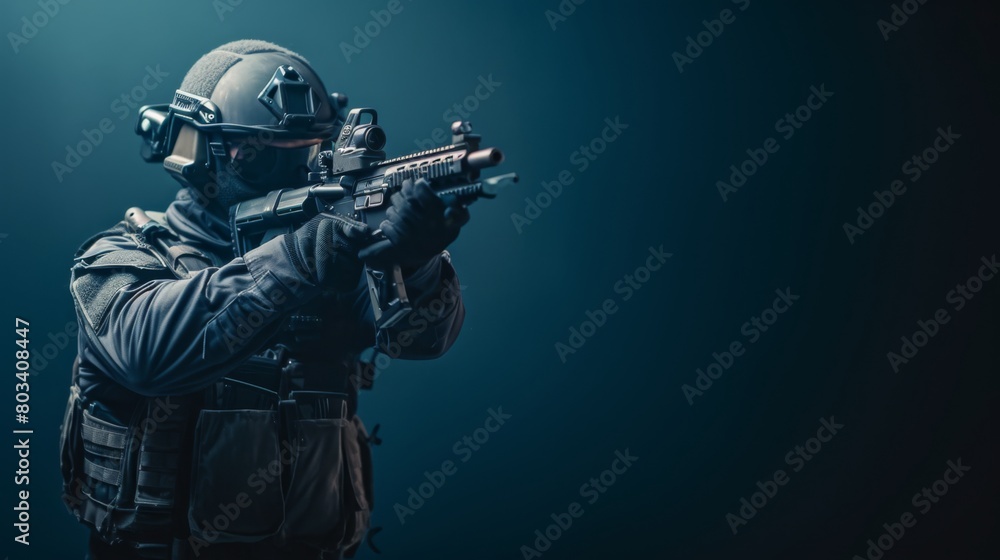 Police special reaction team takes aim with their firearm Police special reaction team takes aim with their firearm
