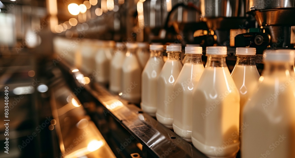 a row of milk bottles sitting on a shelf in a store