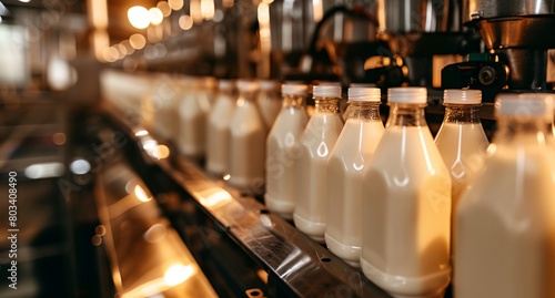 a row of milk bottles sitting on a shelf in a store photo