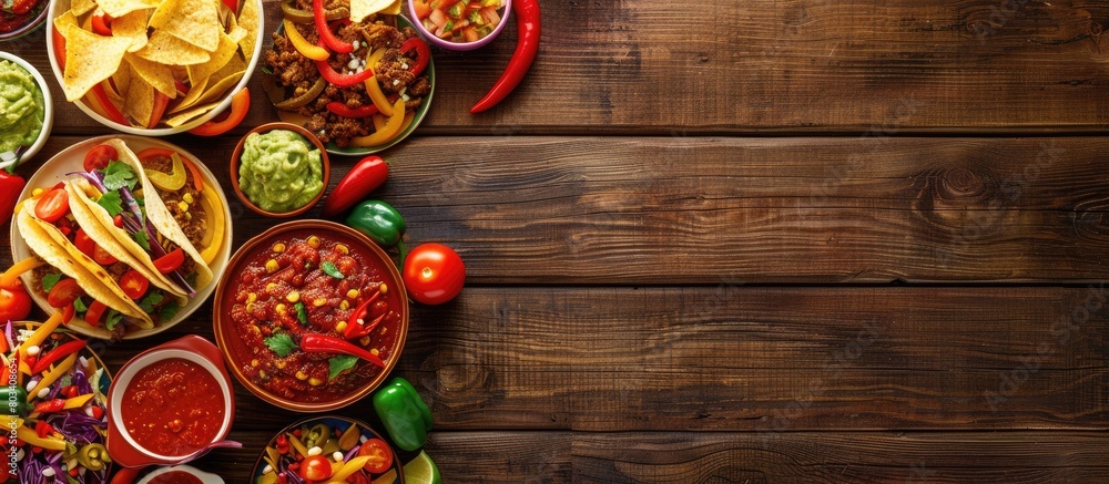A background featuring a variety of Mexican dishes commonly served at parties, such as guacamole, nachos, fajitas, meat tacos, salsa, peppers, and tomatoes displayed on a wooden table.
