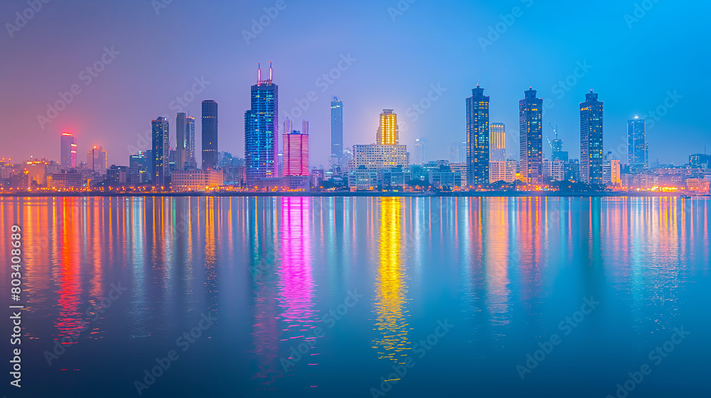 Vibrant Cityscape Reflections at Twilight: Urban Skyline and Waterfront Glow