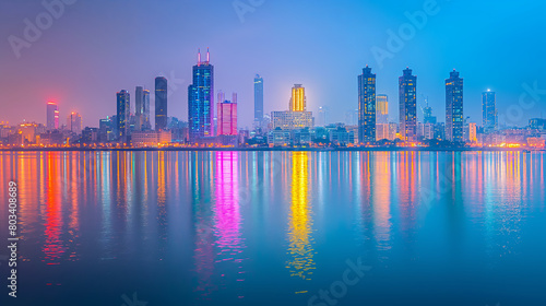 Vibrant Cityscape Reflections at Twilight: Urban Skyline and Waterfront Glow © mikhailberkut