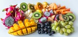 An assortment of exotic, freshly cut fruits, from kiwi to dragon fruit, vibrantly displayed against a crisp, clean white presentation background.