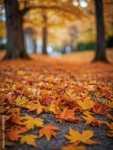 A carpet of autumnal orange maple leaves  set against a gently defocused bokeh background.
