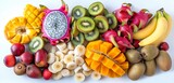 An assortment of exotic, freshly cut fruits, from kiwi to dragon fruit, vibrantly displayed against a crisp, clean white presentation background.