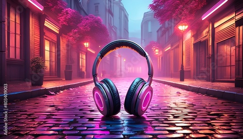 Feminine Audio: Neon Headphones, Wet Cobblestone, Night