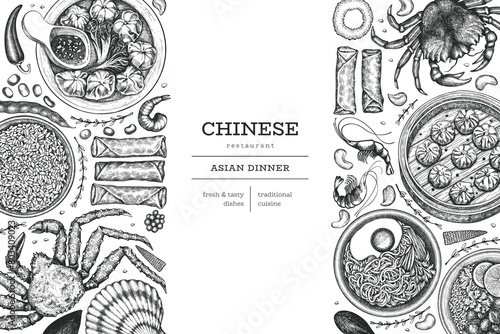 Chinese Cuisine Design Template. Vector Hand Drawn Asian Food Banner. Vintage Style Menu Illustration.