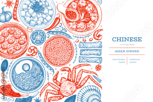 Chinese Cuisine Design Template. Vector Hand Drawn Asian Food Banner. Vintage Style Menu Illustration.