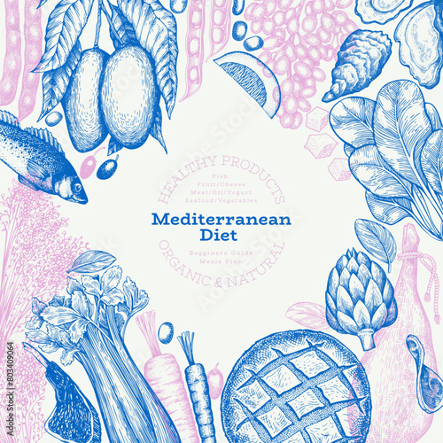 Mediterranean Cuisine Design Template. Vector Hand Drawn Healthy Food Banner. Vintage Style Menu Illustration.