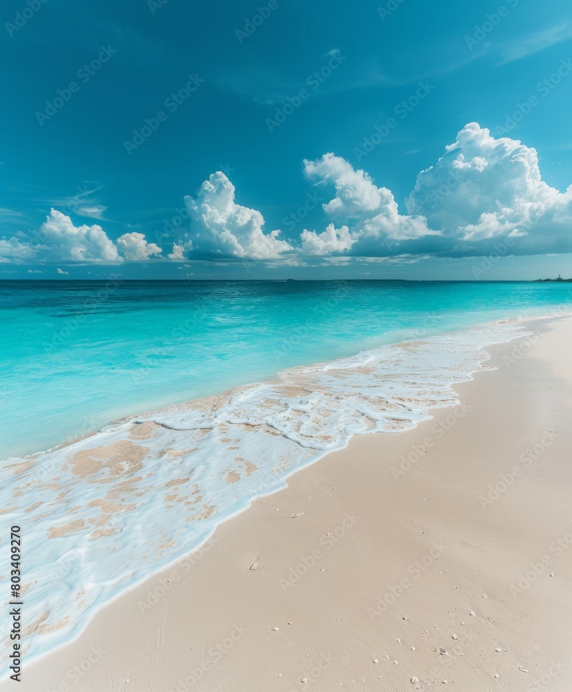 Fototapeta premium Sandy Beach With Clear Blue Water and Clouds