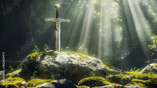 Sword in the stone on mossy rock, enchanted forest background with rays of sunlight. AI generated illustration photo
