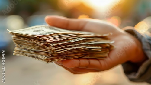 A hand holding a thick stack of dollar bills extended forward with a blurred background. photo