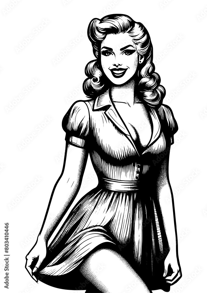 pop art style illustration of a smiling woman with a retro hairstyle sketch engraving generative ai fictional character PNG illustration. Scratch board imitation. Black and white image.