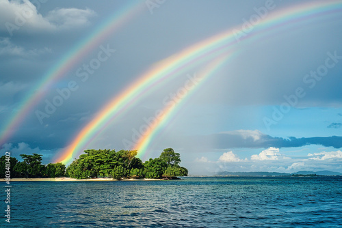 A mesmerizing double rainbow arching over Heart Island  creating a truly magical spectacle.