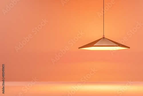 A minimalist composition featuring a sleek, geometric pendant light casting a warm glow, set against a solid.