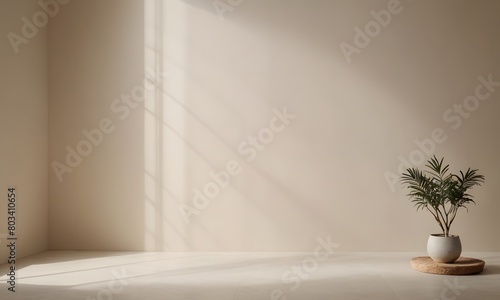Minimalistic a light beige background for product presentation with light and intricate shadow from the window and wall