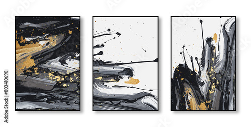 Fototapeta Naklejka Na Ścianę i Meble -  Collection of three abstract paintings on canvas featuring splashes of gold paint