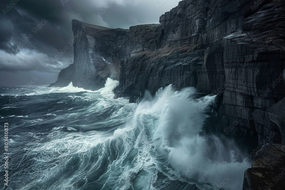 A mesmerizing image capturing the power of a stormy ocean, with waves crashing against a rocky shoreline.
