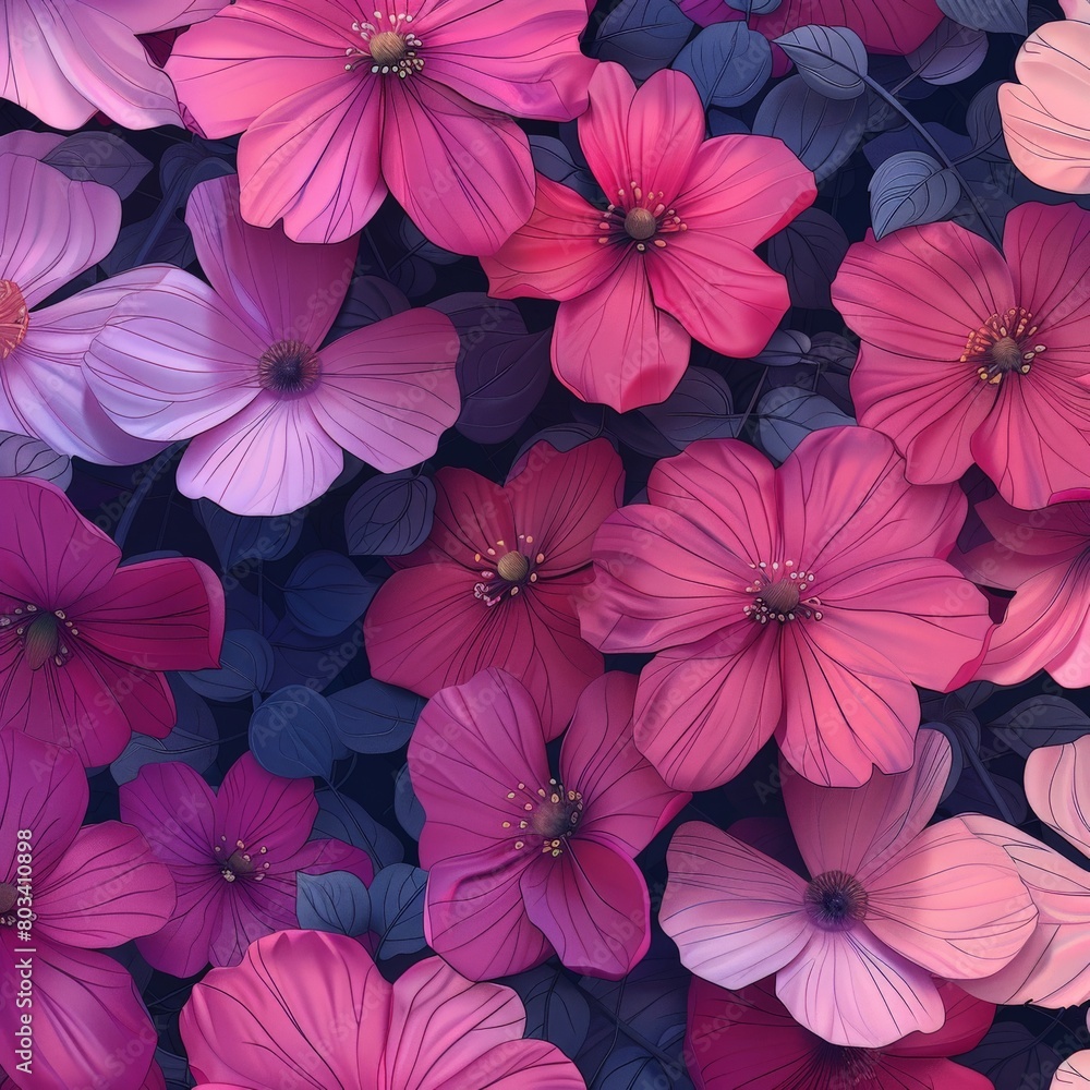 Vibrant Pink and Purple Flowers Against Black Background