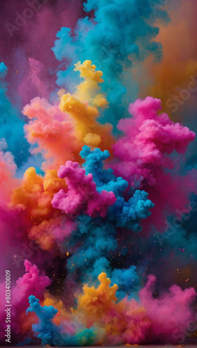 A mesmerizing scene unfolds, multicolored neon smoke dances in an explosion of Holi paint, forming an abstract and psychedelic pastel light background.