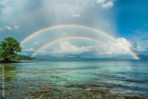 A mesmerizing double rainbow arching over Heart Island  creating a truly magical spectacle.