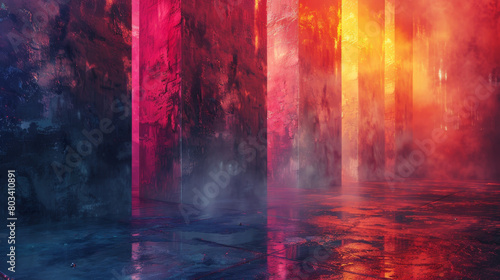 A colorful  abstract painting of a tunnel with a lot of smoke and steam
