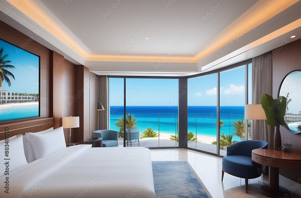 Picturesque view from a guest house through panoramic window with terrace to the sea on a sunny warm summer day with blue skies in a luxury resort. Concept of a room in a five-star hotel Picturesque view from a guest house through panoramic window with terrace to the sea on a sunny warm summer day with blue skies in a luxury resort. Concept of a room in a five-star hotel