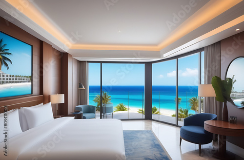 Picturesque view from a guest house through panoramic window with terrace to the sea on a sunny warm summer day with blue skies in a luxury resort. Concept of a room in a five-star hotel