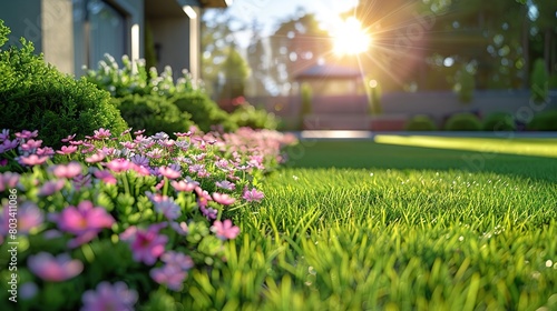 Beautifully manicured lawns and flowerbeds with shrubs with soft sunlight. The backyard background of the house.