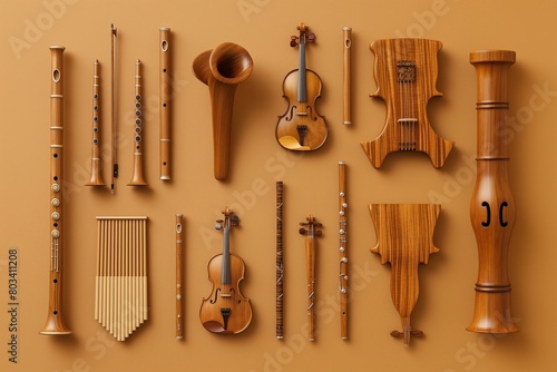 A set of finely crafted, wooden musical instruments, from flutes to violins, their wood grains rich and warm, laid out against a solid, burnt sienna background.
