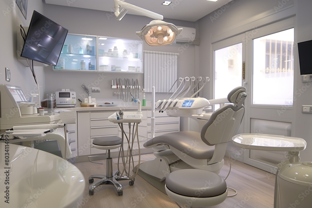 dental chair and tools in clinic in white color
