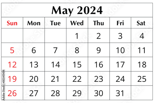 May 2024 ENGLISH month calendar. png transparent printable illustration. Monthly