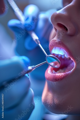 dentist s gloved hands holding tools during mouth check-up