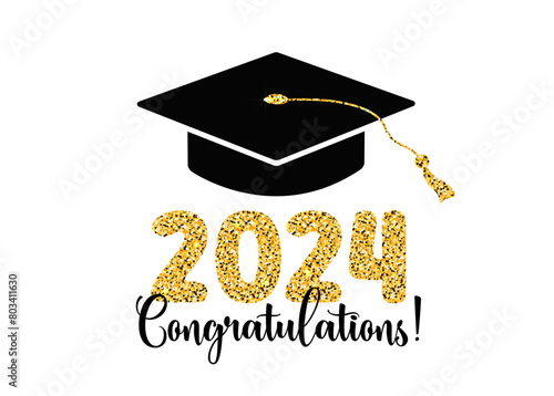 Graduation 2024 Congratulations text greeting card, poster. Vector illustration. Black color academic cap and golden shiny glitter 2024 numbers. Mortarboard graduate symbol