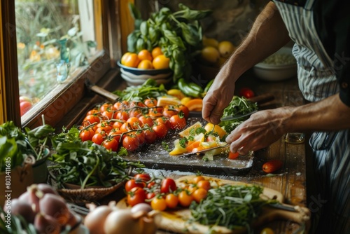 A person slicing organic vegetables on a rustic wooden board, surrounded by fresh ingredients for healthy cooking