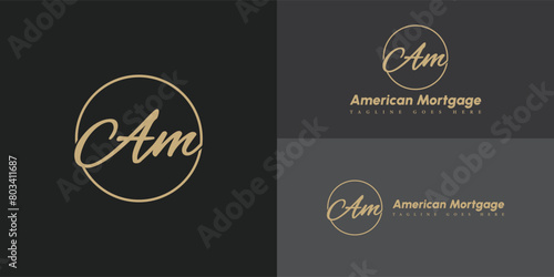 Abstract initial circle letter AM or MA logo in gold color isolated on multiple background colors. The logo is suitable for property and real estate company icon logo design inspiration templates.