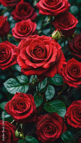 A stunning red rose flower wall background  offering a top-down view of nature s beauty in full bloom.