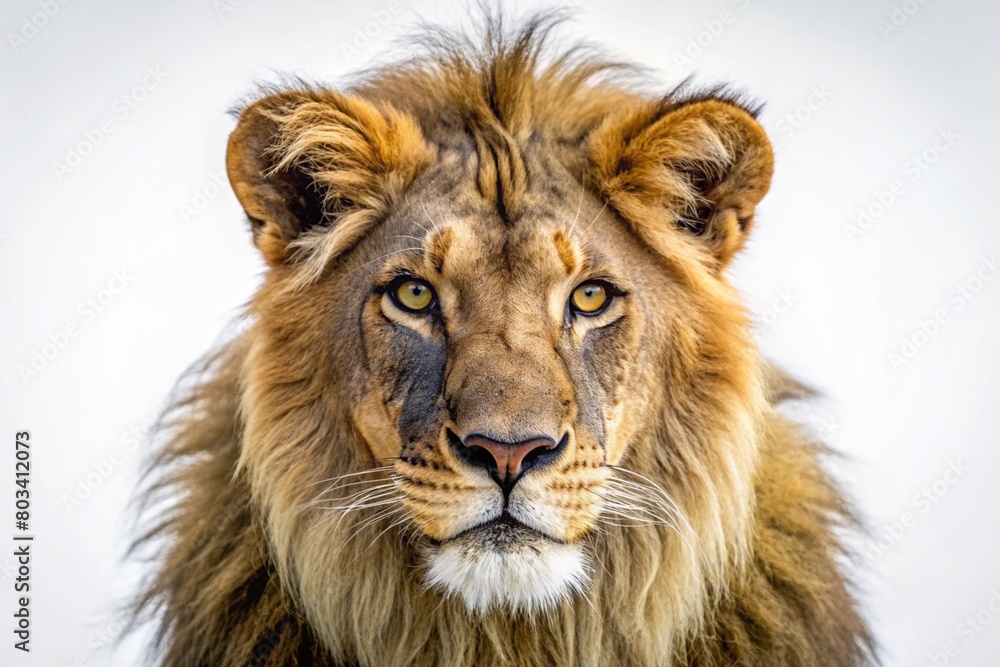 lion loking at camera , isolated in white background
