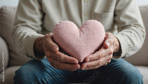 Vieilles mains ridées qui tiennent un cœur dans les mains, concept aide à la vieillesse, bien vieillir, aide aux personnes âgées