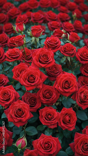 A stunning red rose flower wall background, offering a top-down view of nature's beauty in full bloom.
