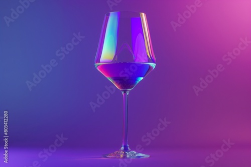An elegant, crystal-clear wine glass capturing a rainbow spectrum of light, set against a solid, deep purple background.