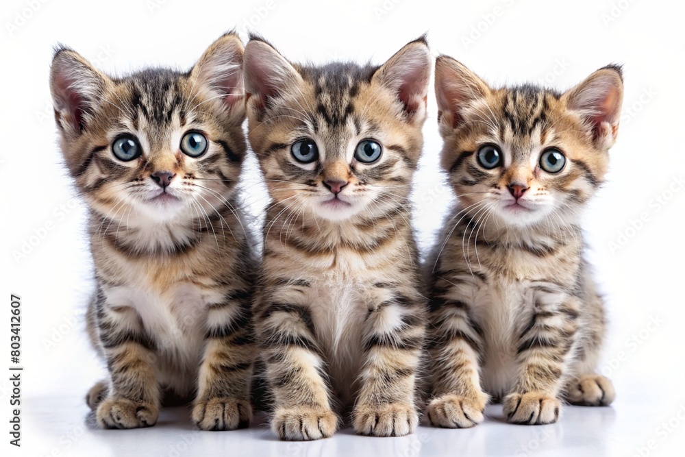 three small kittens isolated on white background