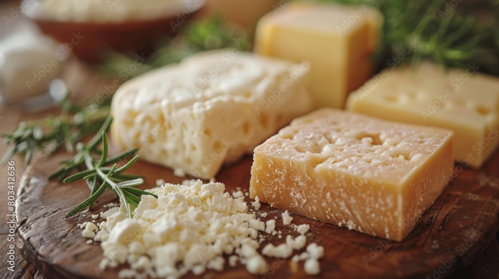 A wooden cutting board with cheese, garlic and rosemary on it, AI