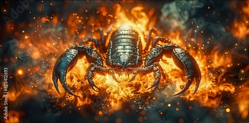 The image shows a metal scorpion with fire. photo