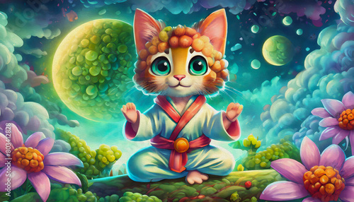 oil painting style CARTOON CHARACTER CUTE baby Funny cat in white kimono exercising yoga, kung fu cat, carate cat